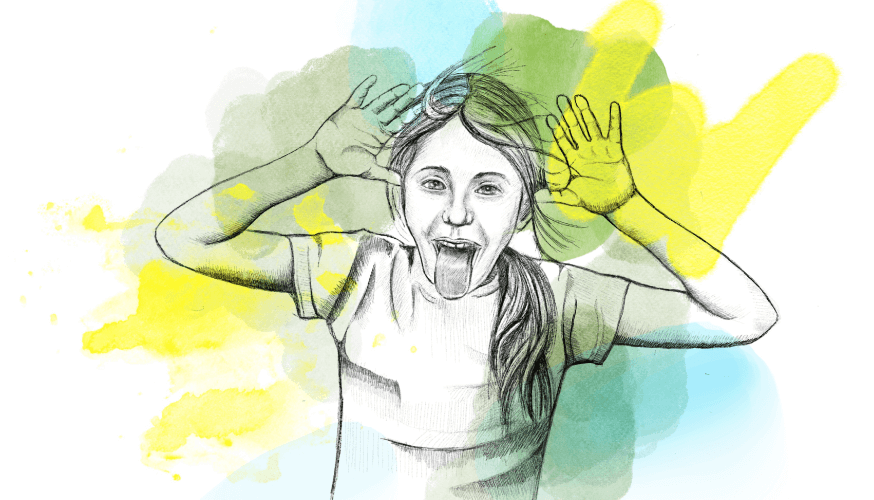 Illustration: Ein glückliches Kind streckt die Zunge heraus und hält sich dabei beide Hände an die Ohren.