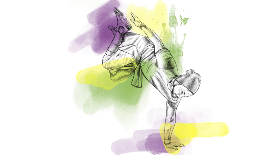 Abstrakte Skizze eines Breakdancers mit dynamischen Posen auf einem Hintergrund mit bunten Wasserfarbenflecken.