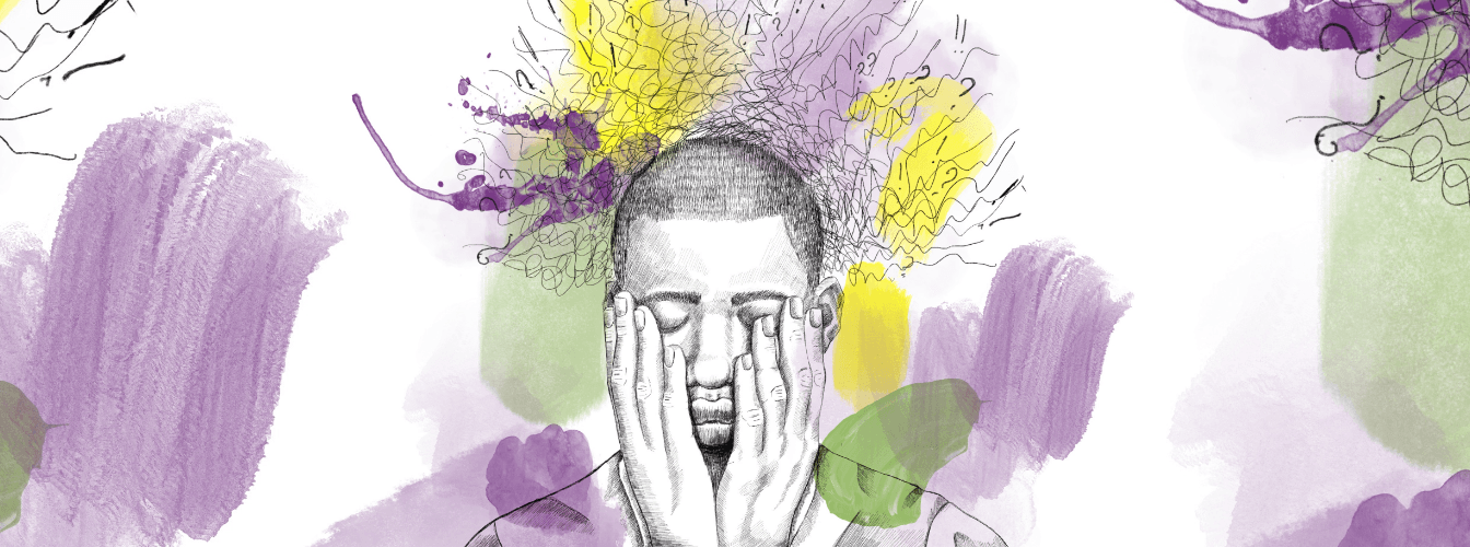Illustration einer gestressten Person mit geschlossenen Augen, umgeben von einer Aura aus wirren Linien und Fragezeichen, repräsentiert durch expressive gelbe, lila und grüne Farbspritzer, symbolisiert Überforderung oder Kopfschmerzen.