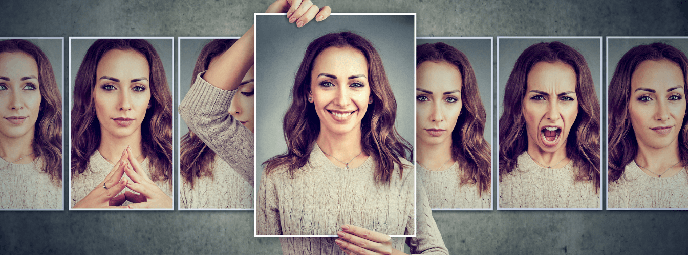 Collage aus sechs Portraits einer Frau, die verschiedene Emotionen zeigt, von lächelnd und nachdenklich bis wütend, auf grauem Hintergrund.