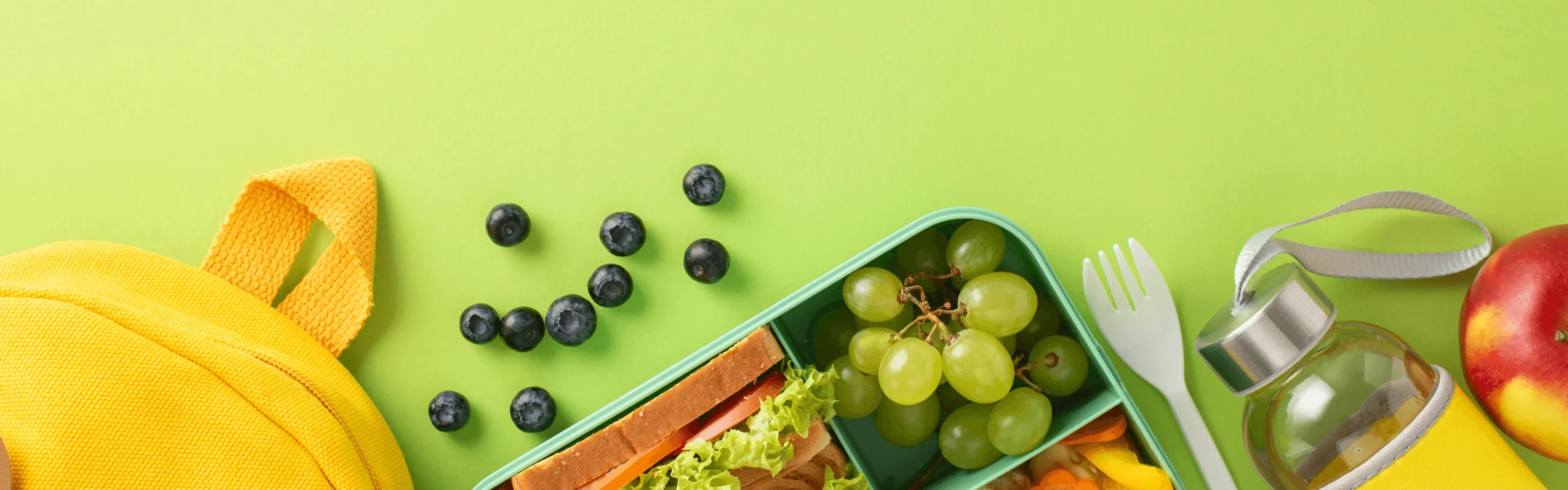 Eine grüne Lunchbox mit Sandwiches, Trauben und Mangoscheiben steht auf grünem Hintergrund. Daneben liegen Blaubeeren, ein gelber Rucksack, eine Gabel, eine Wasserflasche und ein Apfel.