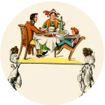 Vintage-Illustration von drei Personen, die an einem Tisch mit Speisen und Getränken speisen, zwei Erwachsene und ein Kind, mit zwei dekorativen Figuren, die Körbe mit Blumen unter der Hauptszene halten.